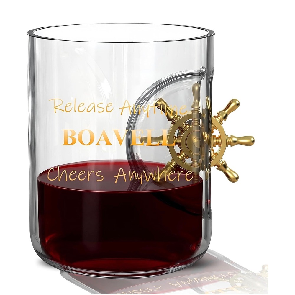 Boavell 11oz Nautical Whiskey Glass with‎ Gold Ships Wheel Spinner Gift New